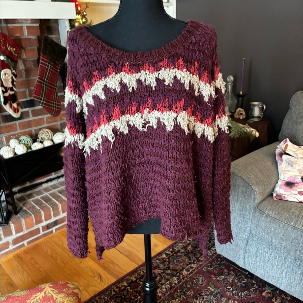 Free People Burgundy and Cream Chevron Sweater Women’s Size M